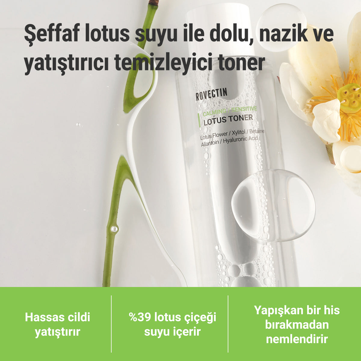 Rovectin - Calming Lotus Toner 200ml (Hyaluronik Asit, Lotus ve Aquaxyl içeren Derinden Nemlendiren Tonik) 200ml