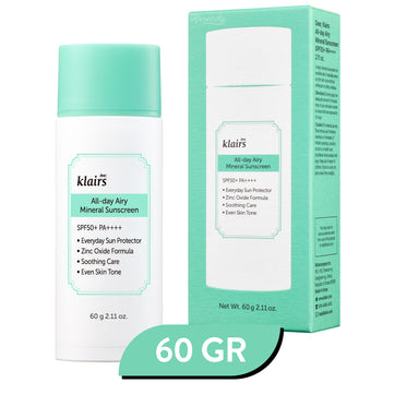 Klairs - All-day Airy Mineral Sunscreen SPF 50+ PA++++ (Ultra Hafif Dokulu Çinko Oksitli Leke Karşıtı Mineral Güneş Kremi)